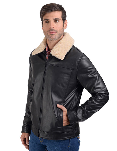 Chamarra de piel Perry Ellis para Caballero en color negro con Cuello de Borrego.